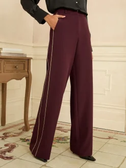 Love & Roses Textured Side Stripe Wide Leg Trousers Burgundy Gold Sale