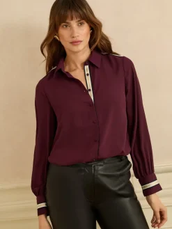 Love & Roses Button Through Long Sleeve Shirt Burgundy Red Metallic Online