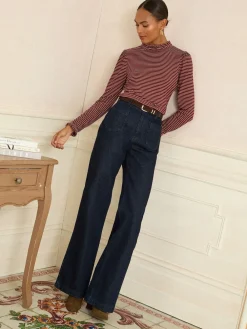 Love & Roses Burgundy Red And Beige Stripe Frill Neck Long Sleeve Jersey Top Best