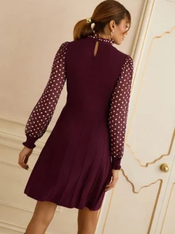 Love & Roses Burgundy Red Petite Frill Neck Chiffon Sleeve Knitted Mini Dress Online