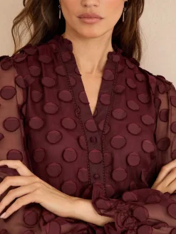 Love & Roses 3D Spot Long Sleeve Blouse Burgundy Red Online