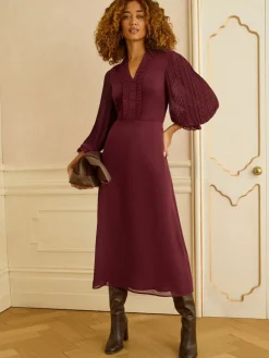 Love & Roses Burgundy Red Pleated Detail Midi Dress Best
