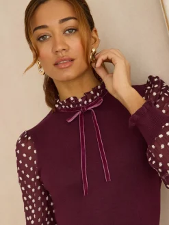 Love & Roses Frill Neck Chiffon Sleeve Knitted Mini Dress Burgundy Red New