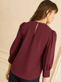 Love & Roses 3/4 Sleeve Scallop Detail Blouse Burgundy Red Online