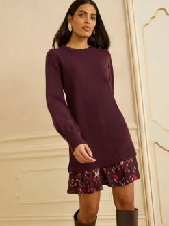 Love & Roses Petite Woven Skirt Knit Mini Dress Burgundy Red Sale