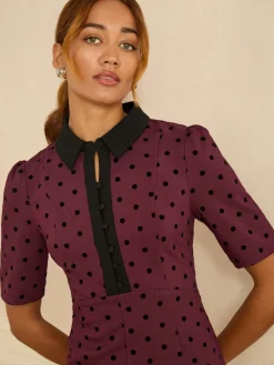 Love & Roses Burgundy Red Flocked Spot Short Sleeve Midi Dress New