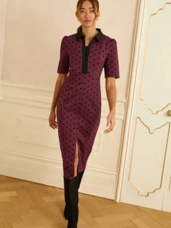 Love & Roses Burgundy Red Flocked Spot Short Sleeve Midi Dress New