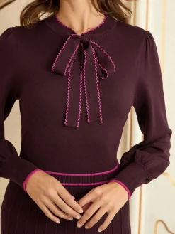 Love & Roses Burgundy Tie Neck Knitted Midi Dress Hot