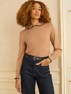 Love & Roses Knitted Collar Jumper Camel Crochet Tipped Clearance