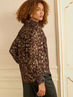 Love & Roses Printed Long Sleeve Shirt Chocolate Brown New