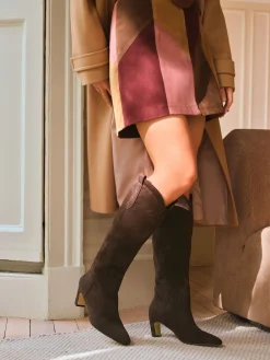 Love & Roses Faux Suede Pull On Western Low Heel Smart Long Boots Chocolate Brown Online