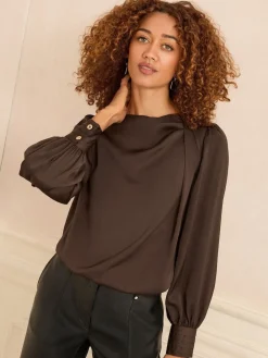 Love & Roses Long Sleeve Satin Cowl Neck Blouse Chocolate Brown Discount