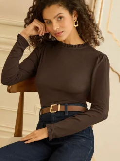 Love & Roses Chocolate Brown Frill Neck Long Sleeve Jersey Top Outlet