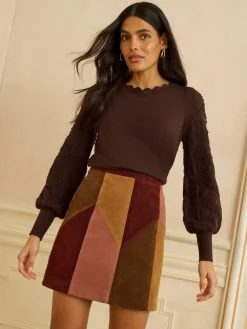 Love & Roses Chocolate Brown Bobble Stitch Scallop Knit Jumper Online