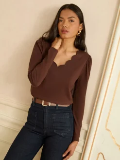 Love & Roses Chocolate Brown Scallop V-Neck Long Sleeve Jersey Top Sale