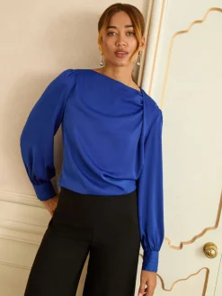 Love & Roses Long Sleeve Satin Cowl Neck Blouse Cobalt Blue Outlet