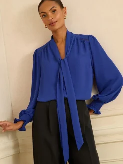 Love & Roses Long Sleeve Pussybow Blouse Cobalt Blue