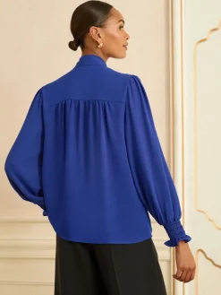 Love & Roses Long Sleeve Pussybow Blouse Cobalt Blue