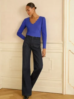 Love & Roses Cobalt Blue Scallop V-Neck Long Sleeve Jersey Top