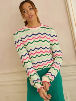 Love & Roses Frill Neck Knitted Jumper Cream Multicolored Wavy Stripe Discount