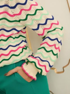 Love & Roses Frill Neck Knitted Jumper Cream Multicolored Wavy Stripe Discount