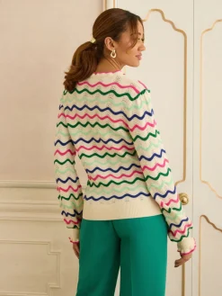 Love & Roses Frill Neck Knitted Jumper Cream Multicolored Wavy Stripe Discount