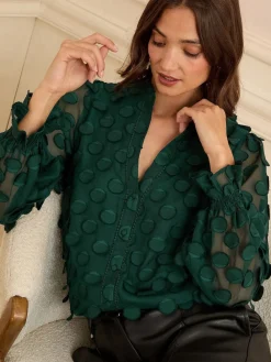 Love & Roses Petite 3D Spot Long Sleeve Blouse Dark Green Outlet