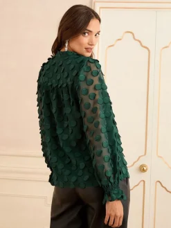 Love & Roses Petite 3D Spot Long Sleeve Blouse Dark Green Outlet