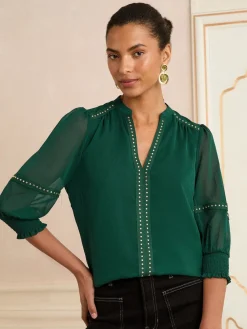 Love & Roses V-Neck Hardware 3/4 Sleeve Blouse Forest Green Hot