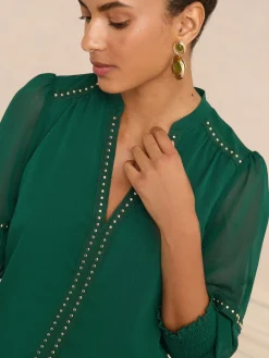 Love & Roses V-Neck Hardware 3/4 Sleeve Blouse Forest Green Hot