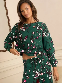 Love & Roses Jersey Long Sleeve Pyjamas Set Forest Green Leopard Print Outlet
