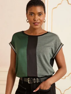 Love & Roses Green and Black Embellished Cuff Satin Front Satin Front V-Neck Short Sleeve Top New