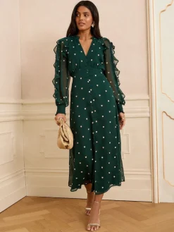 Love & Roses Embroidered Ruffle Midi Dress Green Heart New