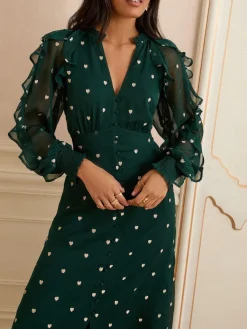 Love & Roses Embroidered Ruffle Midi Dress Green Heart New
