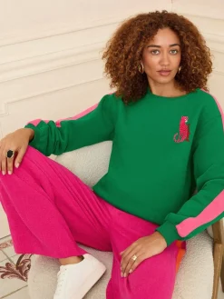 Love & Roses Green Leopard with Pink Stripe Crew Neck Jersey Sweatshirt New