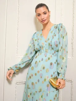 Love & Roses Green Spot Metallic Long Sleeve Midi Dress