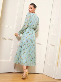 Love & Roses Green Spot Metallic Long Sleeve Midi Dress