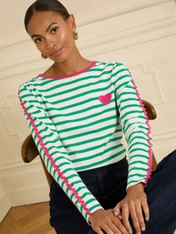 Love & Roses Long Sleeve Top Green Stripe Heart Ric Rac Trim Outlet