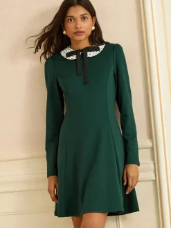 Love & Roses Long Sleeve Contrast Collar Mini Dress Green/White Ecru Spot Discount