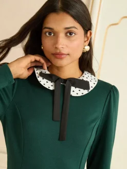 Love & Roses Long Sleeve Contrast Collar Mini Dress Green/White Ecru Spot Discount