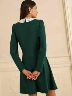 Love & Roses Long Sleeve Contrast Collar Mini Dress Green/White Ecru Spot Discount