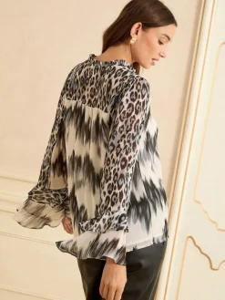 Love & Roses Grey Animal V-Neck Hardware Flute Sleeve Blouse Clearance