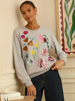 Love & Roses Grey Floral Sequin Embroidered Sweat Top Outlet