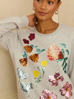 Love & Roses Grey Floral Sequin Embroidered Sweat Top Outlet