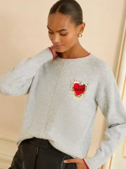 Love & Roses Cosy Knitted Jumper Grey Sequin Red Love Heart Best