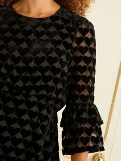 Love & Roses Heart Burnout Flute Sleeve Mini Dress Hot