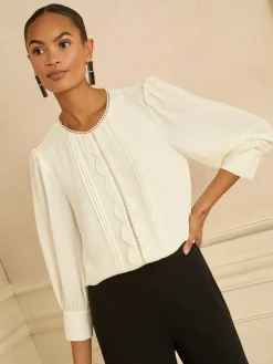 Love & Roses 3/4 Sleeve Scallop Detail Blouse Ivory Best