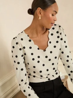 Love & Roses Ivory and Black Spot Print Scallop V-Neck Long Sleeve Jersey Top Outlet