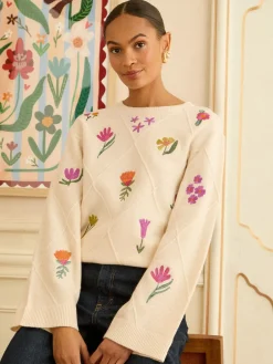 Love & Roses Embroidered Detail Knitted Jumper Ivory Clearance