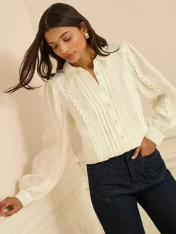 Love & Roses Petite Long Sleeve Button Through Lace Trim Shirt Ivory Online